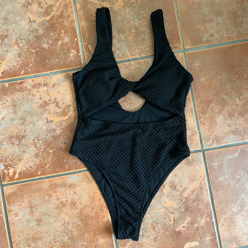 Black Textured One Piece Swimsuit